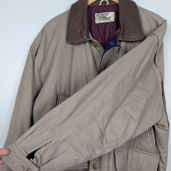 Vintage LL Bean Barn Jacket Mens L Tan Brown Leather Wool 80s 90s Chore Coat - Picture 6 of 16